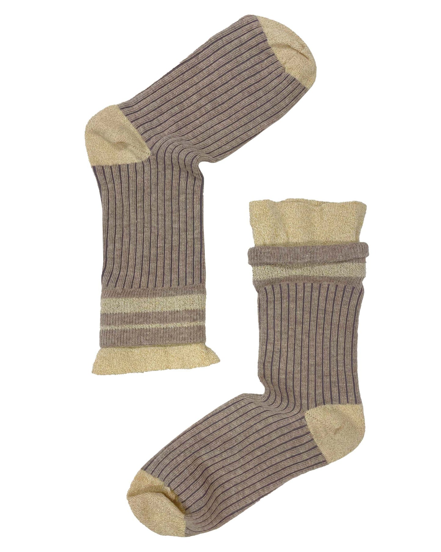 SiSi Pinstripe Calzino - Oat beige coloured soft and warm cotton ribbed ankle socks with deep comfort cuff with contrasting gold lamé stripes, toe and heel.