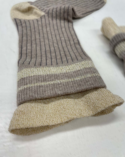 SiSi Pinstripe Calzino - Oat coloured soft and warm cotton ribbed ankle socks with deep comfort cuff with contrasting gold lamé stripes, toe and heel.