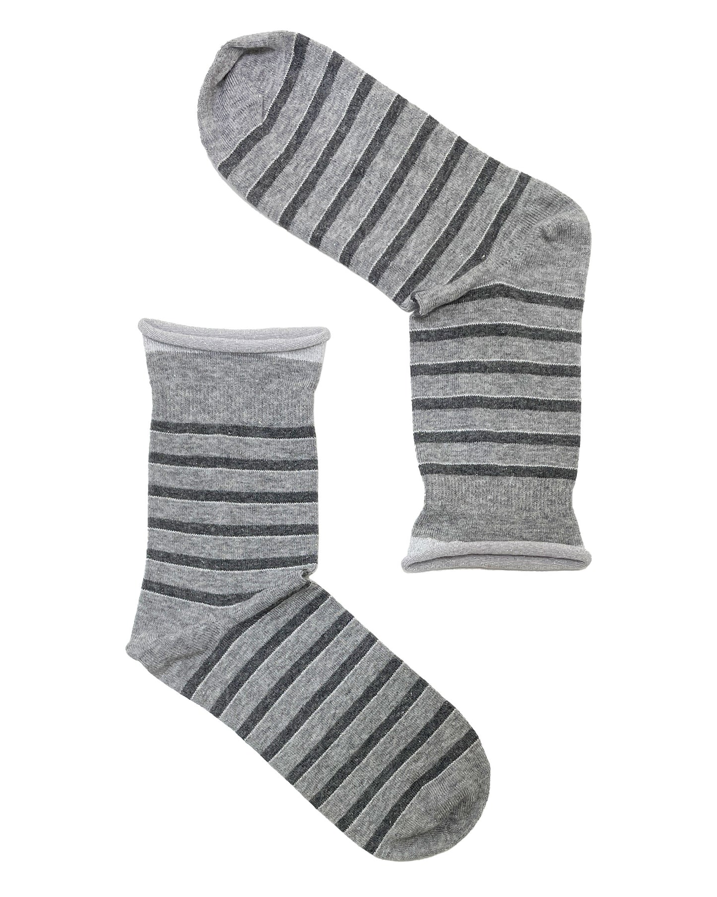 SiSi Rules Calzino - Light grey soft viscose mix ankle socks with dark grey horizontal stripes and sparkly silver lamé..