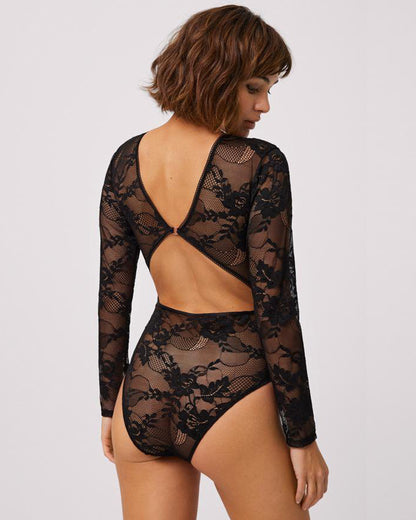 Ysabel Mora 10634 Lace Body-Top - Black floral lace long sleeved body-top with low v-neck and low cut out back with closure and hook and eye closures at the gusset.