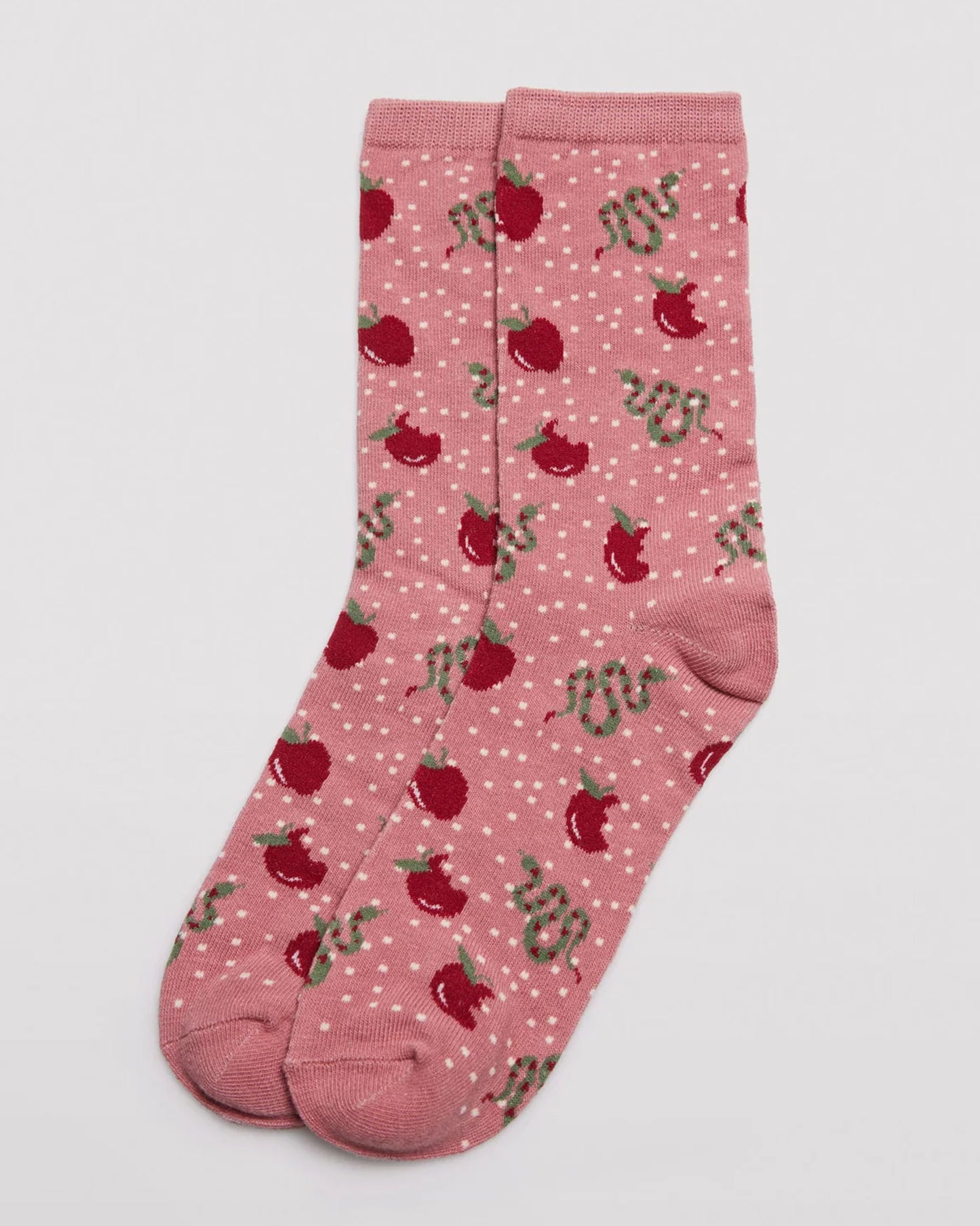 Ysabel Mora 12205 Snakes & Apples Sock - Pale dirty pink crew length cotton ankle socks with an all over pattern of red apples, green &amp; red striped snakes on a white spotty background, plain elasticated cuff, shaped heel and flat toe seam.