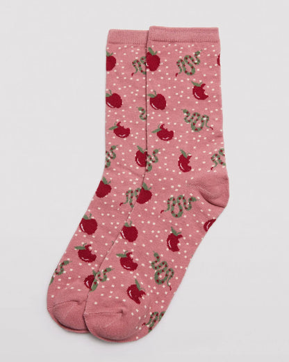 Ysabel Mora 12205 Snakes & Apples Sock - Pale dirty pink crew length cotton ankle socks with an all over pattern of red apples, green &amp; red striped snakes on a white spotty background, plain elasticated cuff, shaped heel and flat toe seam.