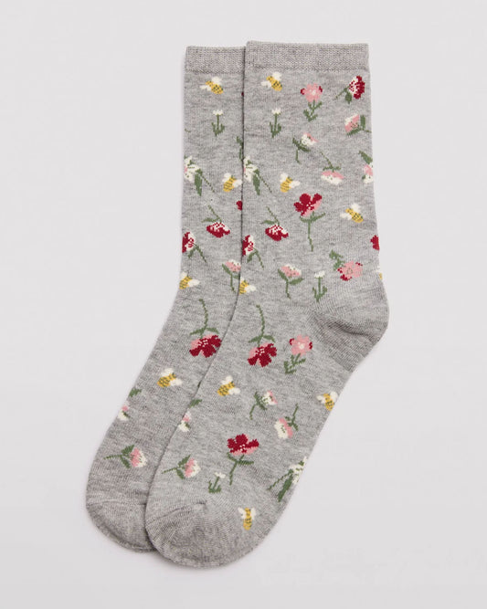 Ysabel Mora 12205 Flowers & Bees Sock - Light fleck grey crew length cotton ankle socks with an all over pattern of flowers and bumble bees and a plain elasticated cuff, shaped heel and flat toe seam.