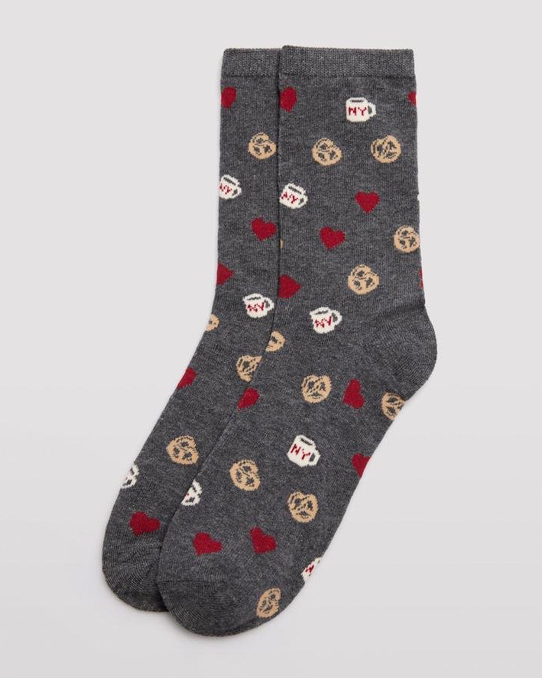 Ysabel Mora 12205 Pretzel & Coffee Socks - Dark grey crew length cotton ankle socks with an all over pattern of pretzels, hearts and NY cup of joe (coffee) and a plain elasticated cuff, shaped heel and flat toe seam.