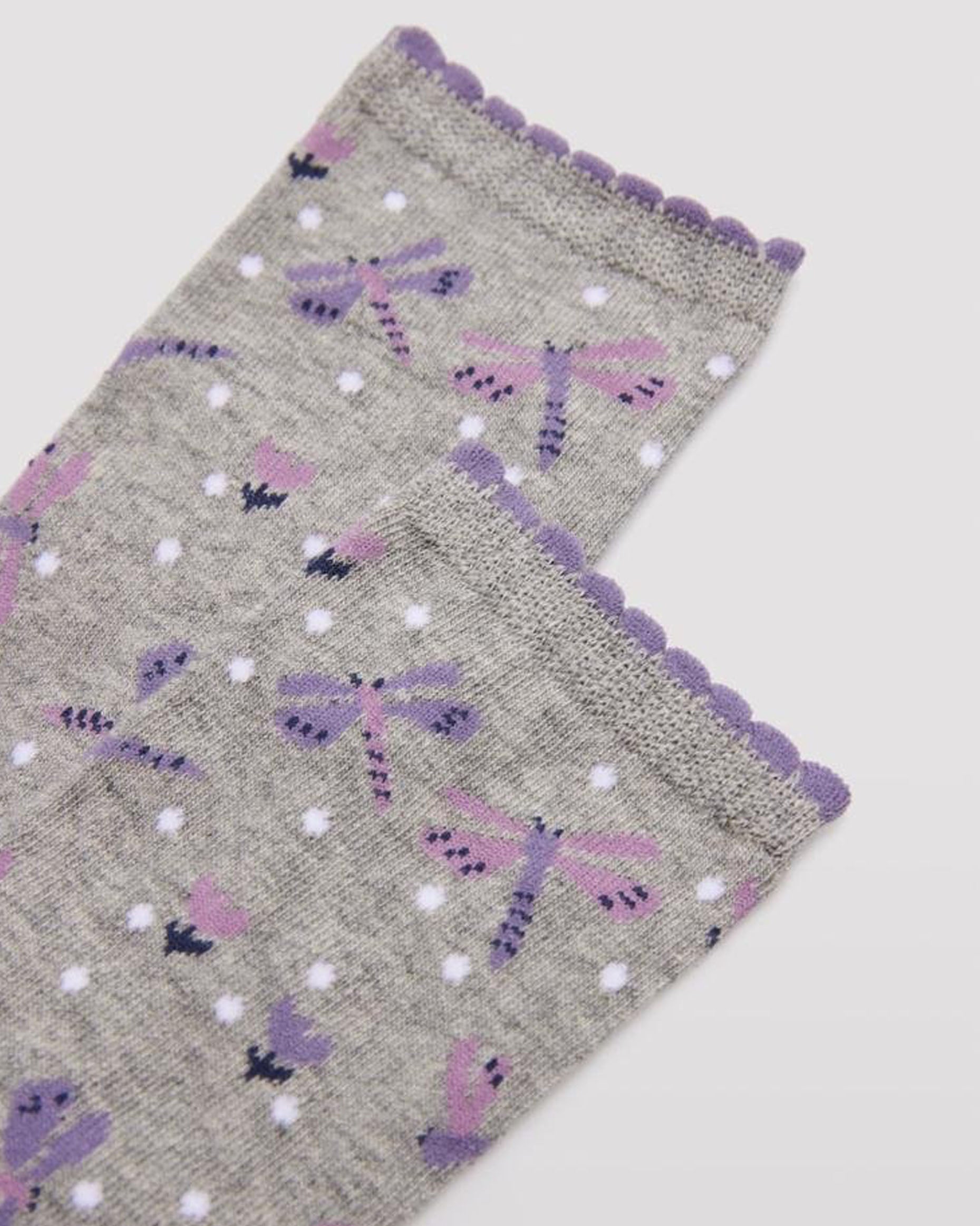 Ysabel Mora 12206 Dragonfly Sock - Light fleck grey crew length cotton ankle socks with an all over pattern of dragonflies and flowers in shades of purple/pink coloured, white spots with a purple scalloped edge elasticated cuff detail.