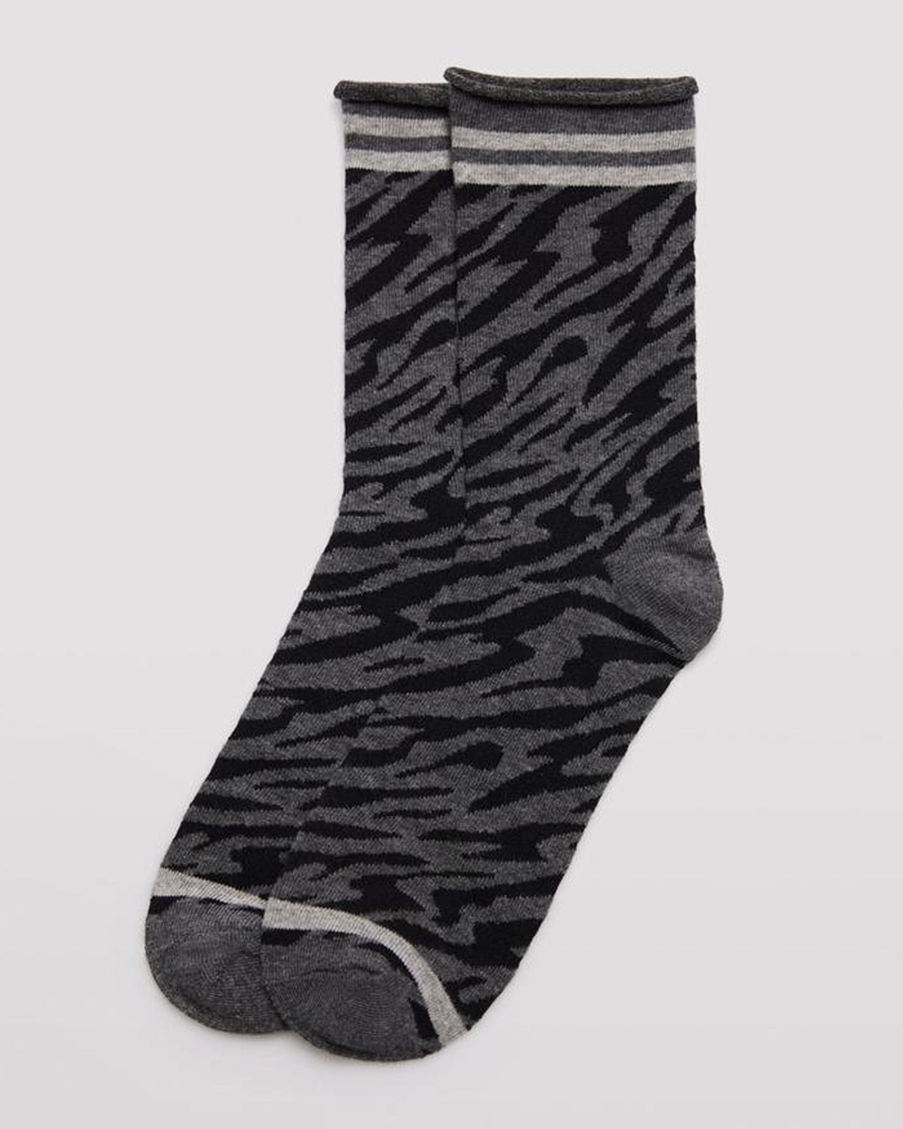 Ysabel Mora 12207 Zebra Socks - Dark grey crew length cotton ankle socks with an all over zebra print pattern on black, light grey striped cuff with a soft roll top edge, light grey stripe toe, flat toe seam and shaped heel.