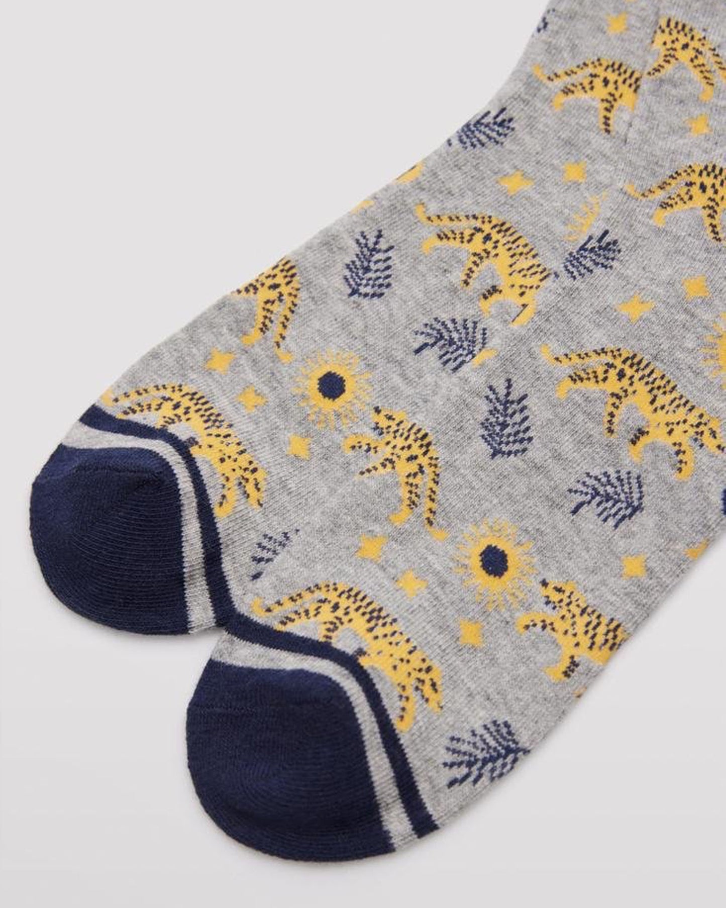 Ysabel Mora 12212 Cheetah Socks - Light grey crew length cotton ankle socks with an all over pattern of cheetah cats, branches, sunflowers and navy flat toe seam.