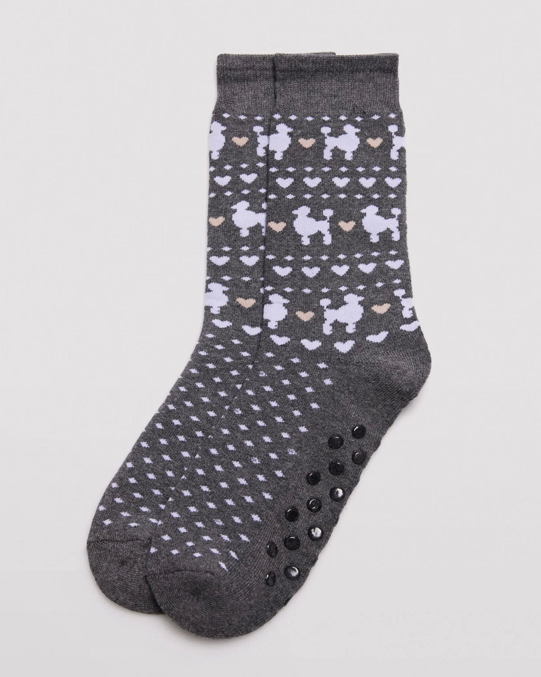 Ysabel Mora 12218 Poddle Slipper socks - Thick and warm grey cotton slipper socks with a fairisle style pattern of poodles, hearts and spots with a dotted gripper sole and deep elasticated comfort cuff.