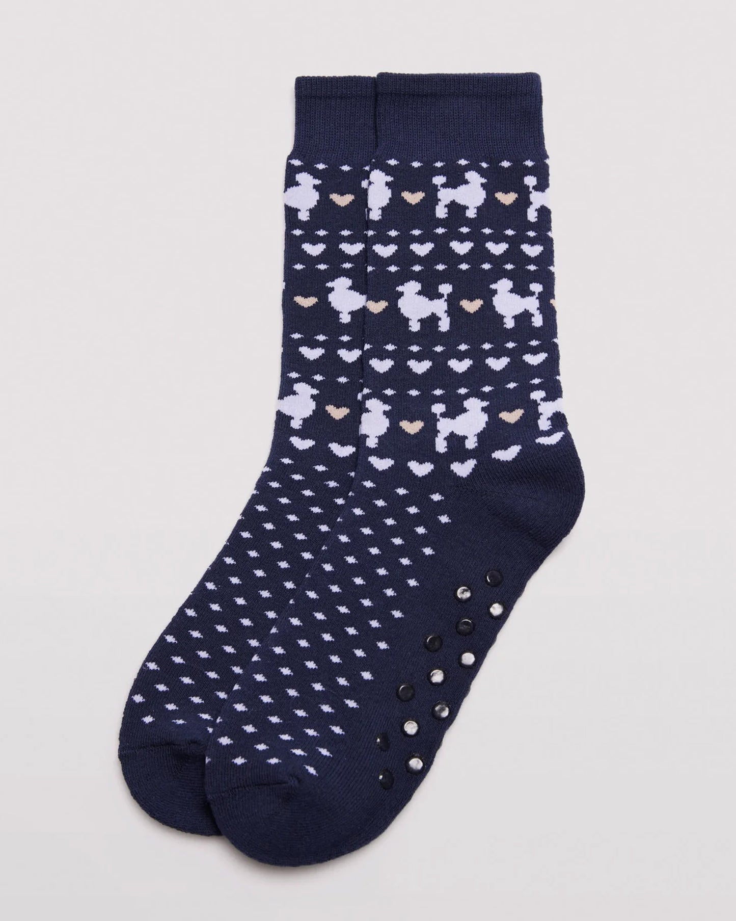 Ysabel Mora 12218 Poddle Slipper socks - Thick and warm navy cotton slipper socks with a fairisle style pattern of poodles, hearts and spots with a dotted gripper sole and deep elasticated comfort cuff.