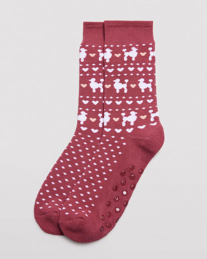 Ysabel Mora 12218 Poddle Slipper socks - Thick and warm red cotton slipper socks with a fairisle style pattern of poodles, hearts and spots with a dotted gripper sole and deep elasticated comfort cuff.