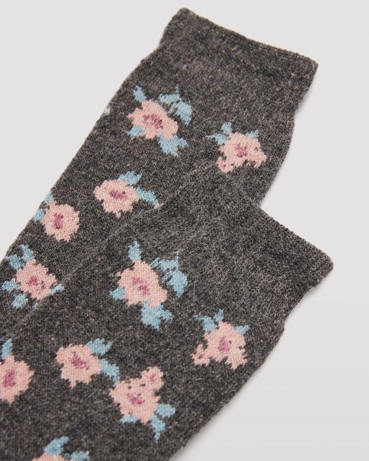 Ysabel Mora 12220 Floral Angora Sock - Thick and warm dark grey angora mix thermal socks with an all over floral pattern in pale blue, peach and pink and deep elasticated comfort cuff.