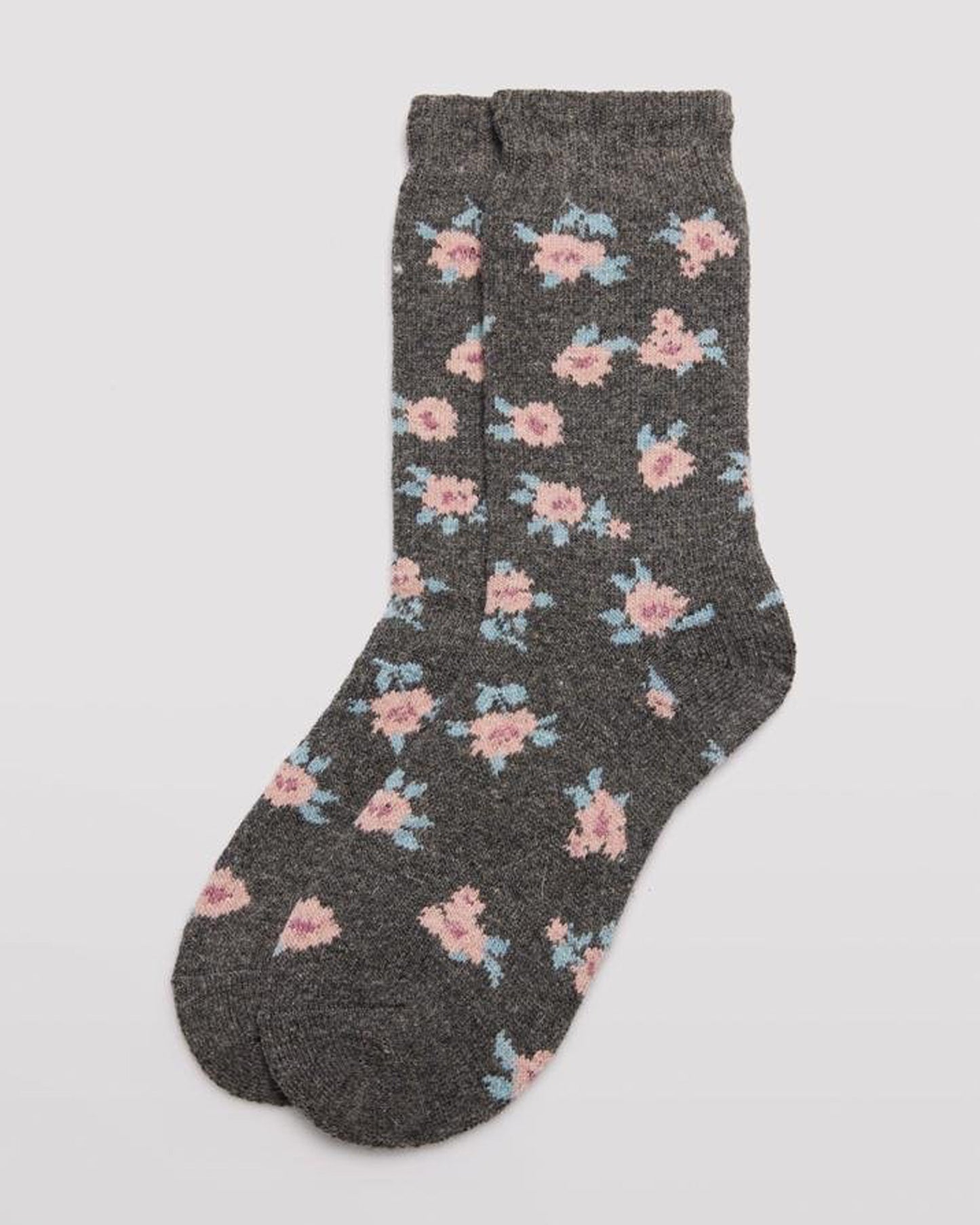 Ysabel Mora 12220 Floral Angora Sock - Thick and warm dark grey angora mix thermal socks with an all over floral pattern in pale blue, peach and pink, shaped heel, flat toe seam and deep elasticated comfort cuff.