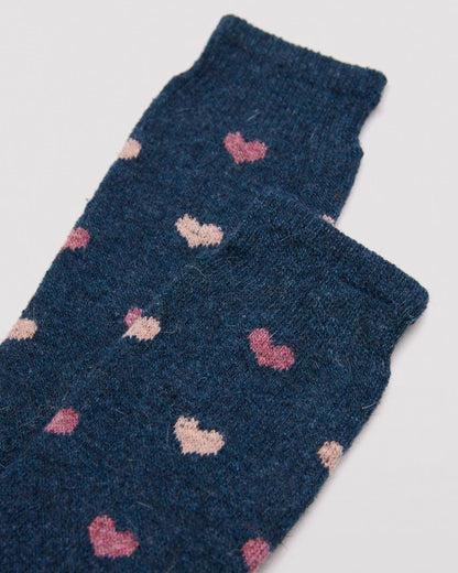 Ysabel Mora 12220 Heart Angora Socks - Thick and warm navy angora mix socks with an all over heart pattern in peach and dirty pink and deep elasticated comfort cuff detail.