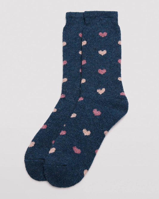 Ysabel Mora 12220 Heart Angora Socks - Thick and warm navy angora mix socks with an all over heart pattern in peach and dirty pink, shaped heel, flat toe seam and deep elasticated comfort cuff.