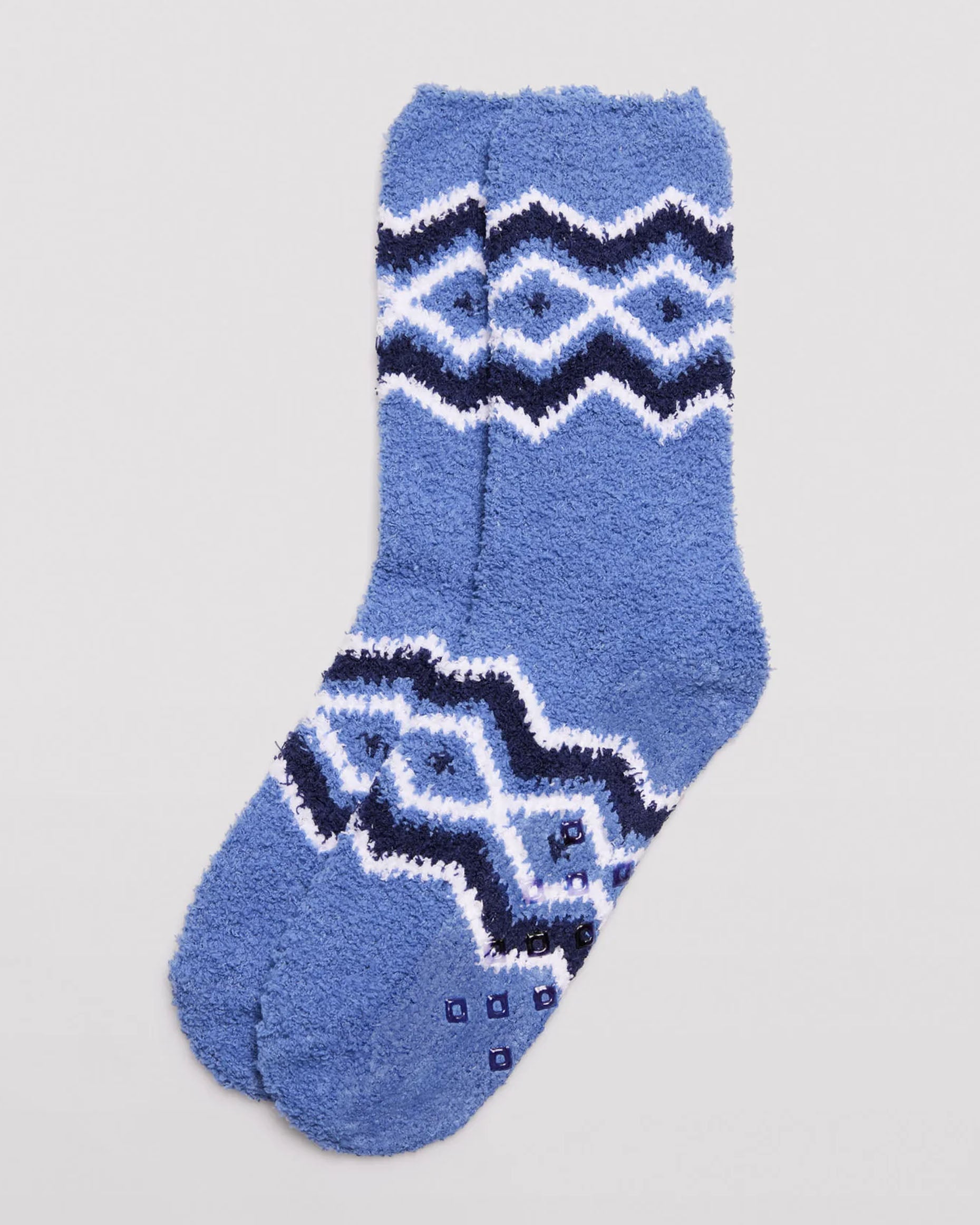 Ysabel Mora 12225 Fluffy Slipper Socks - Sky blue fluffy and warm flannel slipper socks with a navy and white diamond/argyle style design around the cuff and foot, gripper sole, shaped heel, flat toe seam and invisible cuff.