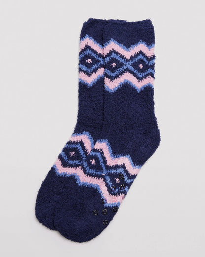 Ysabel Mora 12225 Fluffy Slipper Socks - Navy fluffy and warm flannel slipper socks with a blue and light pink diamond/argyle style design around the cuff and foot, gripper sole, shaped heel, flat toe seam and invisible cuff.