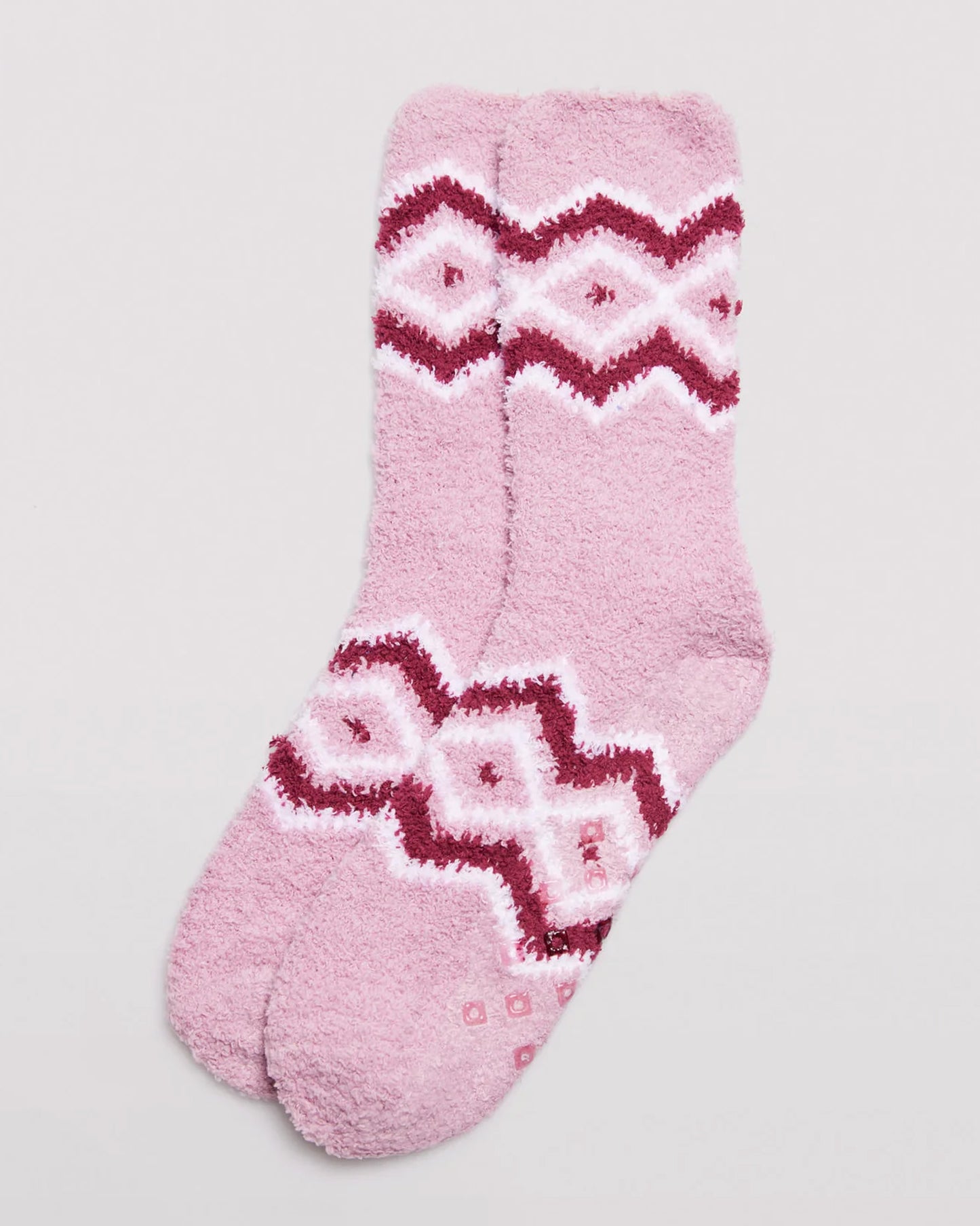 Ysabel Mora 12225 Fluffy Slipper Socks - light pink fluffy and warm flannel slipper socks with a red and white diamond/argyle style design around the cuff and foot, gripper sole, shaped heel, flat toe seam and invisible cuff.