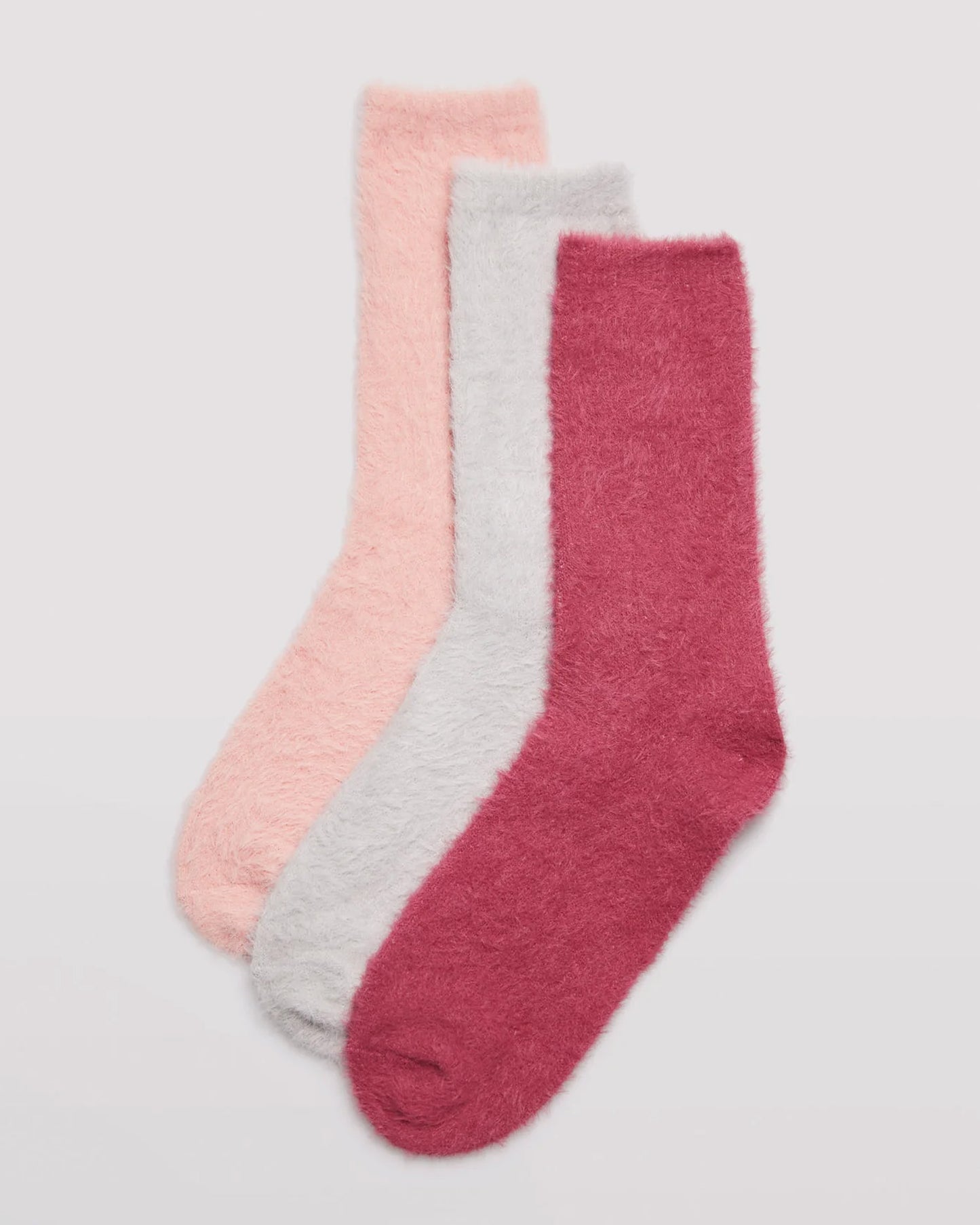 Ysabel Mora 12226 Fluffy Socks - Fluffy and warm crew length socks with a shaped heel and thin invisible elasticated cuff in peach, pale grey and dark pink.