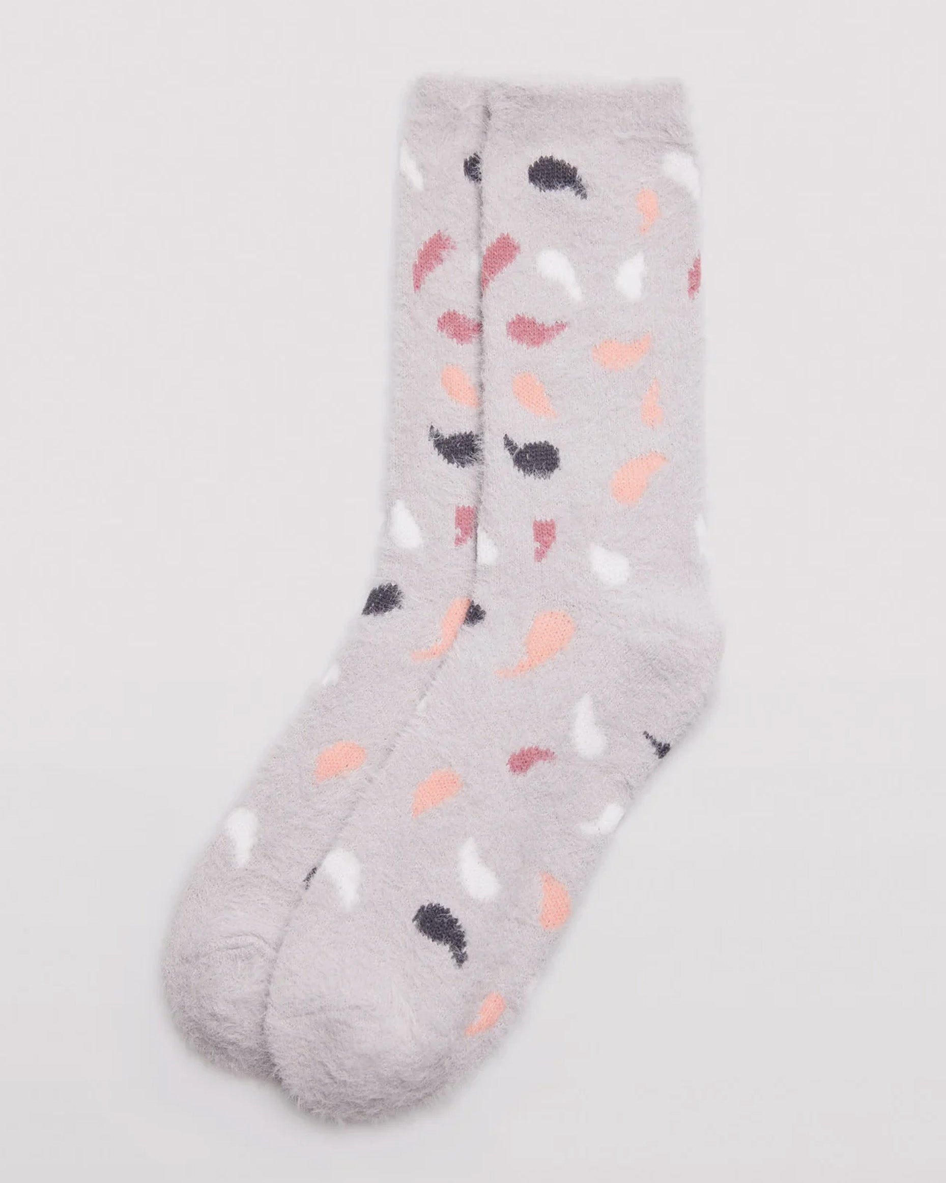 Ysabel mora 12227 Fluffy Feather Socks - Fluffy and warm light pale grey crew length socks with a feather style pattern in white, dirty pink, peach and dark grey, shaped heel and thin invisible elasticated cuff.