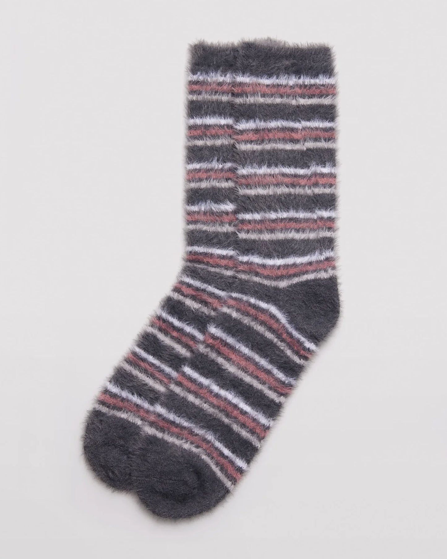 Ysabel Mora 12227 Fluffy Striped Socks - Fluffy and warm dark grey crew length socks with a horizontal striped pattern in white and dirty pink, shaped heel and thin invisible elasticated cuff.