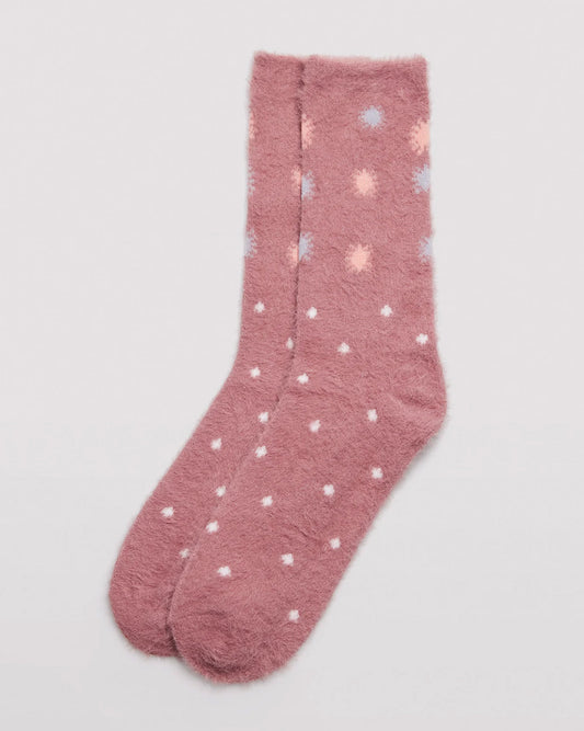 Ysabel Mora 12227 Fluffy Sunny Socks - Fluffy and warm light dirty pink crew length socks with an all over spot and sun style pattern in white and pale blue and peach, shaped heel and thin invisible elasticated cuff.