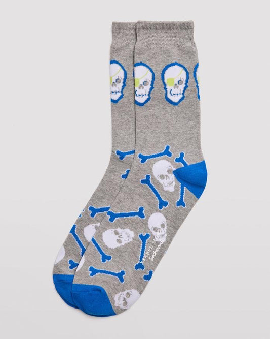 Ysabel Mora 22177 Skull & Bones Socks - Light grey crew length cotton ankle socks with pirate themed skulls and bones pattern in white, blue and lime green, blue toe and heel and deep comfort cuff.