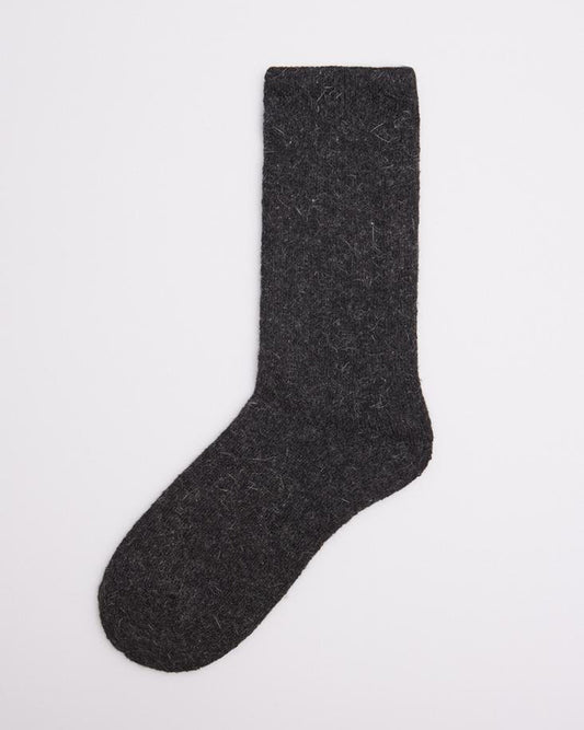 Ysabel Mora 12346 Angora Sock - Warm and cozy black/dark grey Winter socks with wool and angora. Flat view.