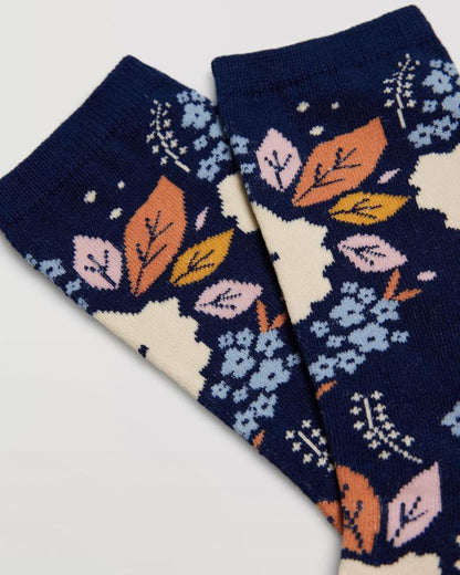 Ysabel Mora 12874 Floral Sock - Navy cotton crew socks with a multicoloured floral and leaf pattern and plain elasticated cuff.