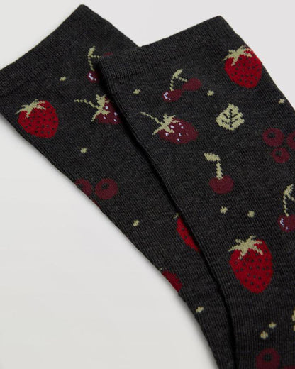 Ysabel Mora 12875 Mixed Berry Sock - Dark grey cotton crew socks with a pattern of mixed berries (strawberries, cherries, blackberries and raspberries) in shades of red and wine with sage green leaves and stems and plain elasticated cuff.