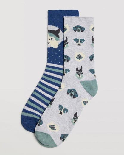 Ysabel mora 12878 Dog & Cat Twin Sock - Animal themed twin pack of socks, one pair has a cat motif on the front with stripes around the foot and the other has an assorted dog face pattern, contrast heel and toe and no cuff edge roll.