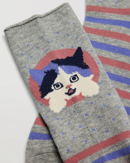 No cuff cotton ankle socks with a cat motif on the front with stripes around the foot in light grey, pale pink, purple and blue