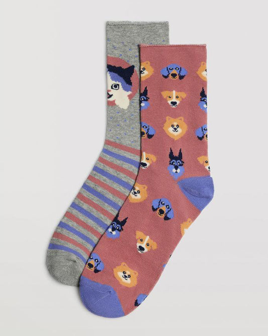 Ysabel mora 12878 Dog & Cat Twin Sock - Animal themed twin pack of socks, one pair has a cat motif on the front with stripes around the foot and the other has an assorted dog face pattern, contrast heel and toe and no cuff edge roll.