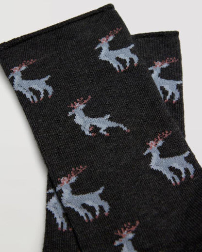 Ysabel Mora 12880 Reindeer Socks - Dark grey cotton socks with an all over reindeer pattern in pale blue and dark red, shaped heel, flat toe seam and no cuff edge roll.