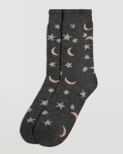 Ysabel Mora 12889 Stars & Moon Socks - Warm wool and angora mix dark grey thermal socks with a moon and star pattern in pale peach and light grey, shaped heel and deep elasticated comfort top.