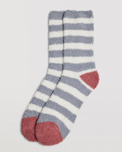 Ysabel Mora 12890 Fluffy Stripe Socks - Warm and fluffy house socks with a light grey and cream horizontal stripe pattern, terracotta heel and toe and anti-pressure cuff.