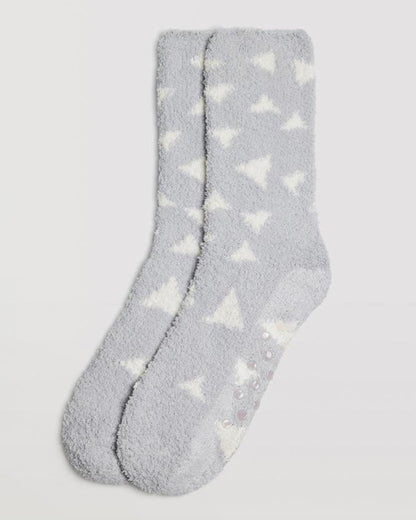 Ysabel Mora 12891 Triangle Slipper Socks - Warm and fluffy light grey slipper socks with an all over cream triangular pattern, dotted anti-slip grippers on the sole and anti-pressure cuff.