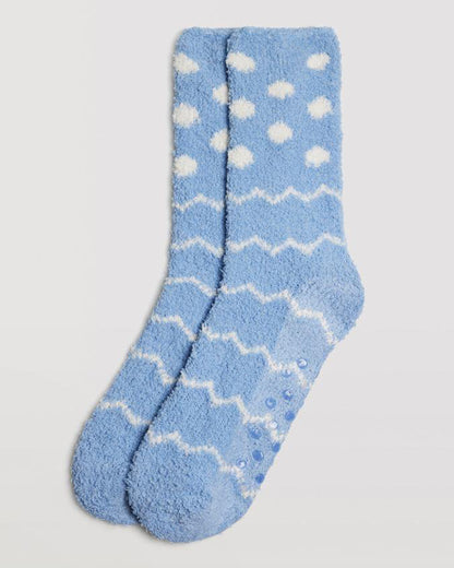 Ysabel Mora 12891 Spots & Zig-Zag Slipper Socks - Warm and fluffy sky blue slipper socks with a cream dot pattern on the upper half and zig-zag linear pattern on the bottom half, dotted anti-slip grippers on the sole and anti-pressure cuff.