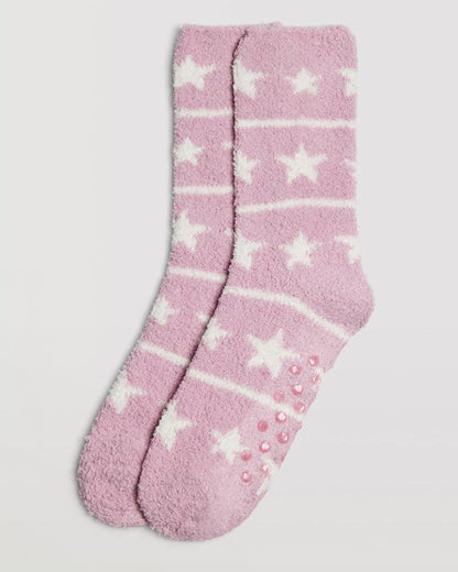 Ysabel Mora 12891 Star Slipper Socks - Warm and fluffy light pink slipper socks with a cream stars and stripes horizontal pattern, dotted anti-slip grippers on the sole and anti-pressure cuff and anti-pressure cuff.