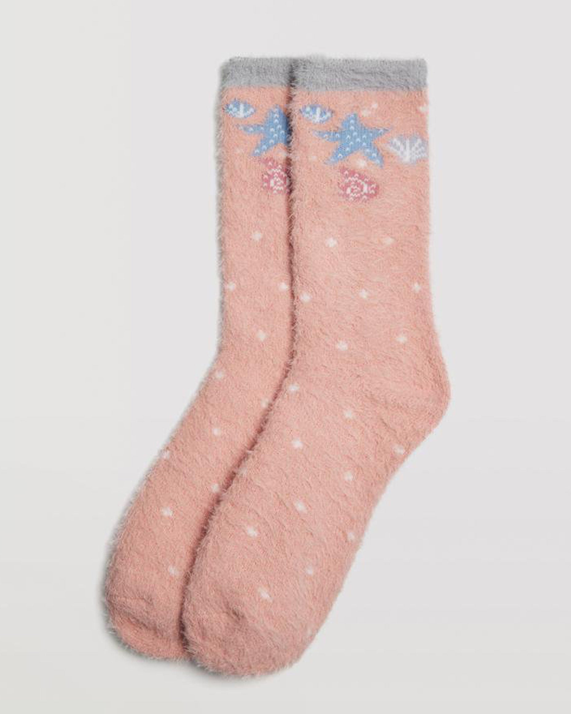 Ysabel Mora 12895 Shellfish Fluffy Socks - Warm and fluffy peach coloured house socks with shellfish around the ankle, small spot pattern in cream and light peach anti-pressure cuff.