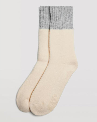 Ysabel Mora 12900 Gripper Socks - Warm cream slipper socks with a fluffy terry lining and anti-slip gripper on the sole and light grey contrasting deep ribbed cuff.