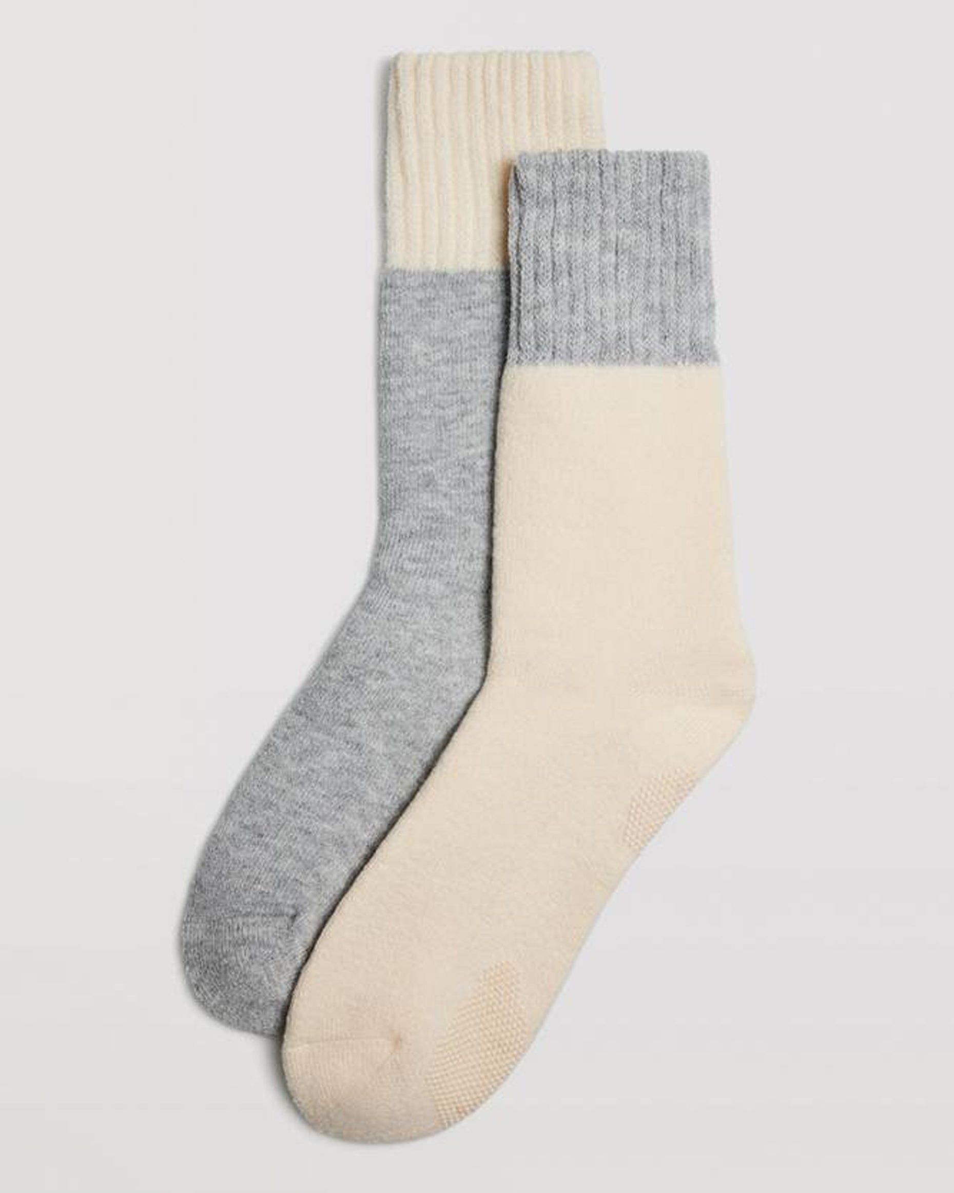 Ysabel Mora 12900 Gripper Socks - Warm cream slipper socks with a fluffy terry lining and anti-slip gripper on the sole and light grey contrasting deep ribbed cuff.