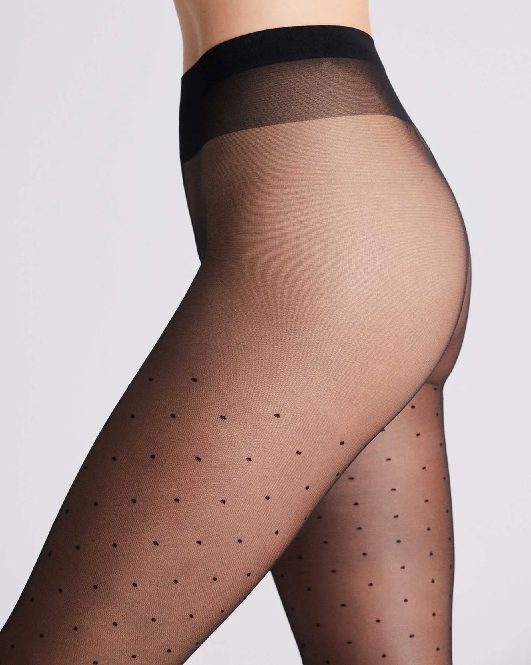 Ysabel Mora 16419 Sheer black polka dot spot patterned tights. Waistband detail.