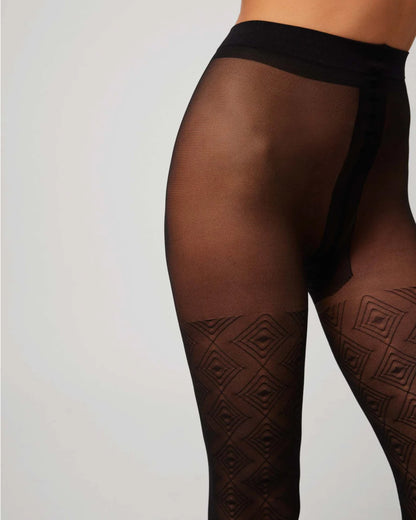 Ysabel Mora 16607 Diamond Tights - Waist detail of a sheer black fashion tights with an all over linear diamond pattern, plain top, flat seams, gusset and deep comfort waist band.