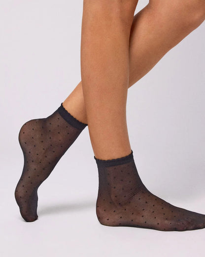 Ysabel Mora 16618 Polka Dot Sock - Sheer black fashion ankle socks with a woven leopard print pattern and scalloped cuff.