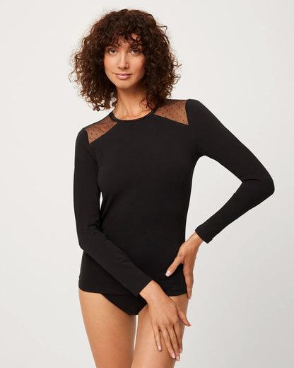 Ysabel Mora 19537 Tulle Shoulder Top - Black soft and light long sleeved cotton top with sheer polka dot tulle panels on the shoulders and scalloped crew neck trim.