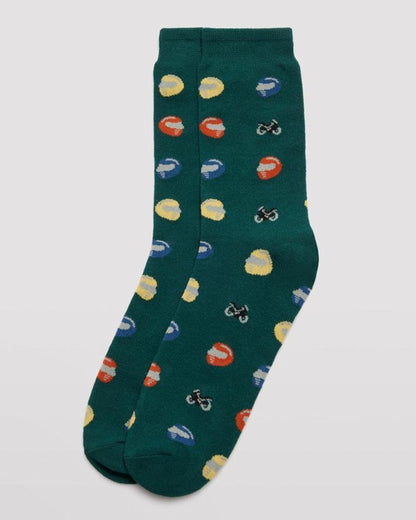 Ysabel Mora 22154 Motorbike Sock - Men's green cotton crew length ankle socks with an all over pattern of multicoloured motor cycling helmets and motorbikes with soft anti-pressure cuffs.