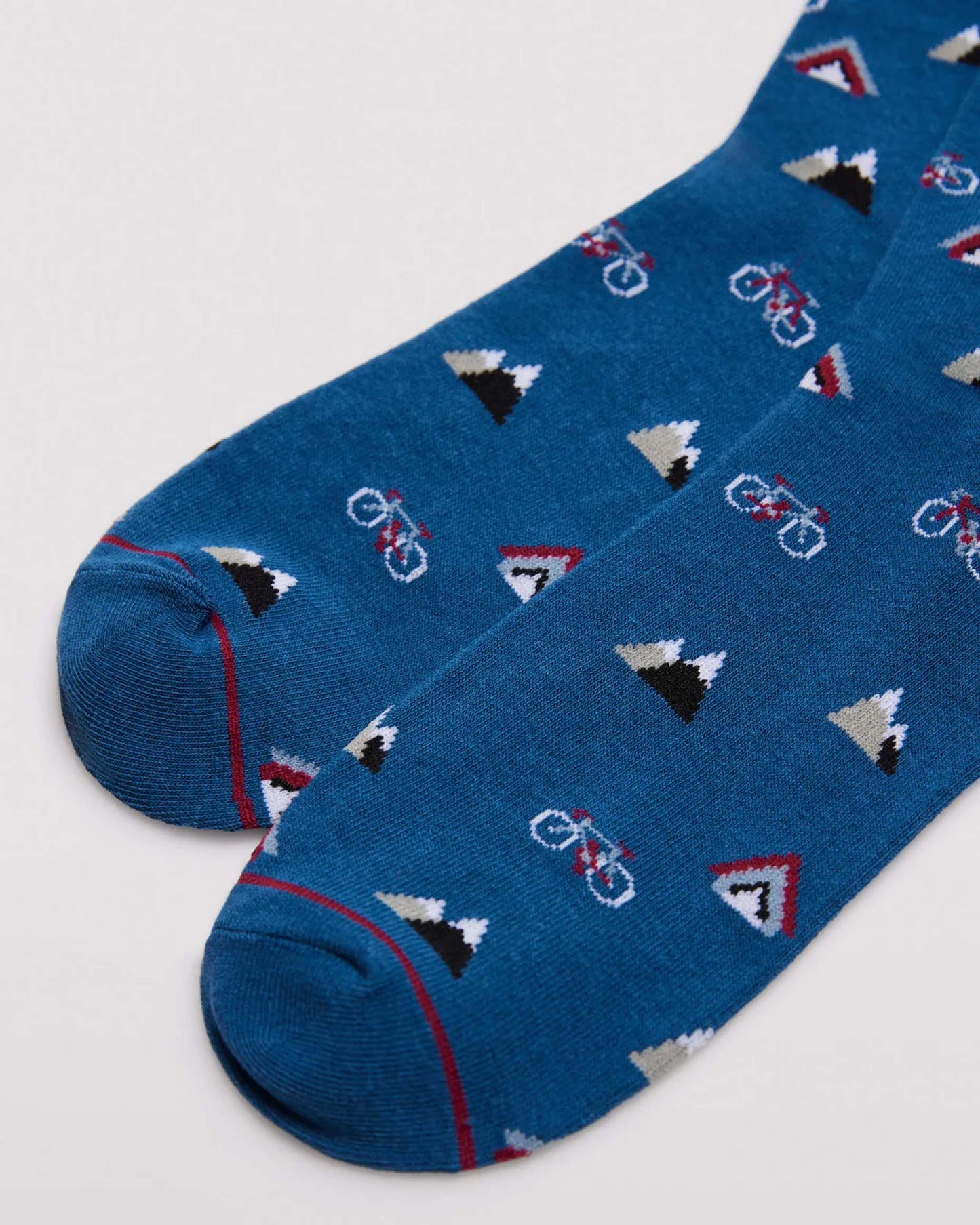 Ysabel Mora 22155 Mountain Bike Socks - Blue crew length men's cotton ankle socks with an all over pattern of high peak mountains and bicycles and deep comfort cuff detail.