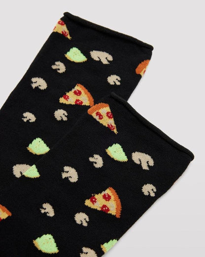 Ysabel Mora Pizza Sock - Men's black cotton crew length ankle socks with an all over pattern of pepperoni pizza slices, mushrooms and cheese with no cuff roll top anti-pressure edge. Close up detail.