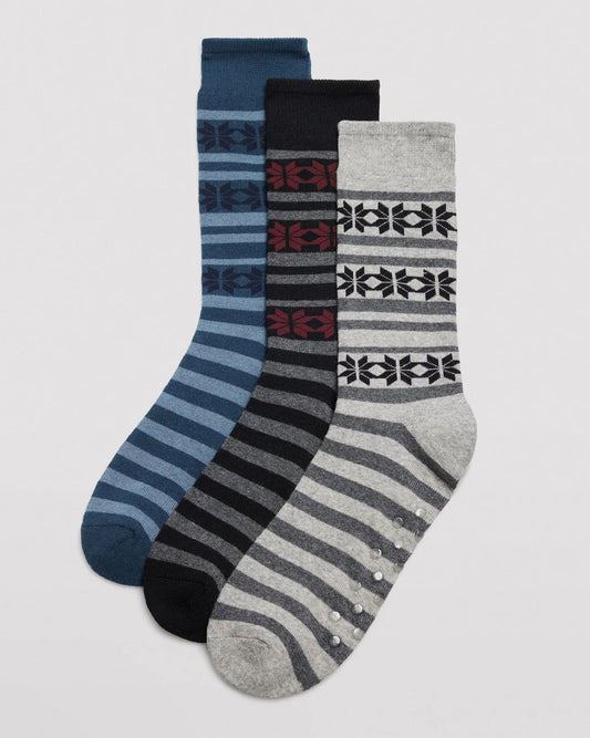 Ysabel Mora 22167 Snowflake Slipper Socks - Men's cotton crew length cotton ankle socks with a horizontal pattern of snowflakes and stripes, dotted non-slip gripper sole, flat toe seam, shaped heel and deep comfort cuff. Available in blue, black & grey.