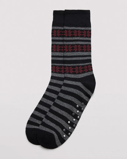 Ysabel Mora 22167 Snowflake Slipper Socks - Men's cotton crew length cotton ankle socks with a horizontal pattern of snowflakes and stripes in shades of grey, black and dark red, dotted non-slip gripper sole, flat toe seam, shaped heel and deep comfort cuff. 